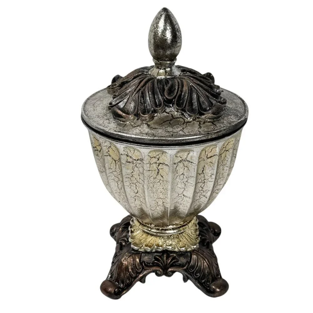 NEW Decorative Vase With Lid Silver Textured 4 Legged Ornate Vintage Style 12 x7